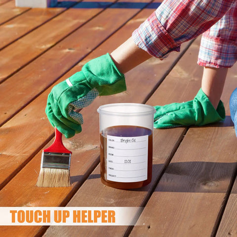 Person using brush and Eight 1000ml Paint Containers With Stainless Steel Mixing Balls, Airtight Lids, Labels Included on wooden deck