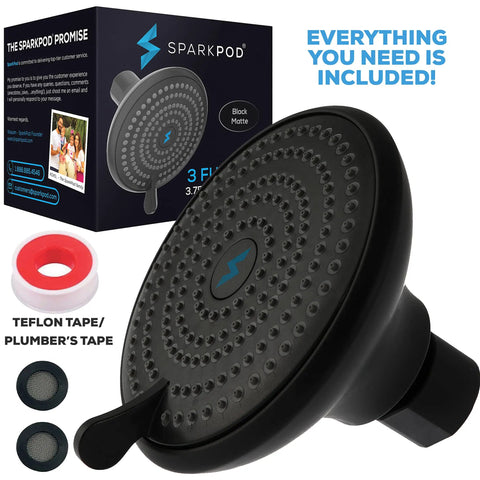 High Pressure 3-Function Rain Shower Head In Midnight Black Matte, 3.75 Inch Wide with accessories and packaging