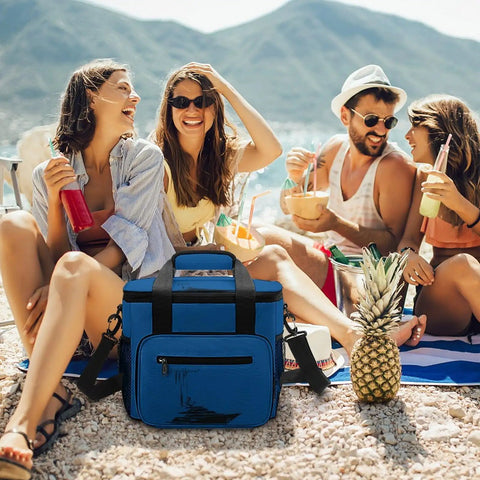 Nautical Style Insulated Cooler Tote For Travel And Picnics Large Lunch Bag Beach Ready Car Cooler Leak Proof Oxford Tote With Heavy Duty Handle And Adjustable Strap on beach with friends