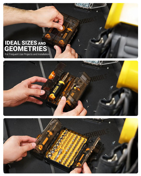 Hands opening the 78 PCS Precision Screwdriver Set All In One With Socket Bits And Ratcheting Wrench In Premium Case.