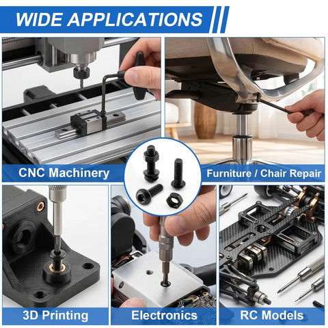 192 Piece M6 Hex Socket Button Head Screw Assortment Kit With Dead Simple 10 9 Grade Bolts in use for CNC and furniture repair.