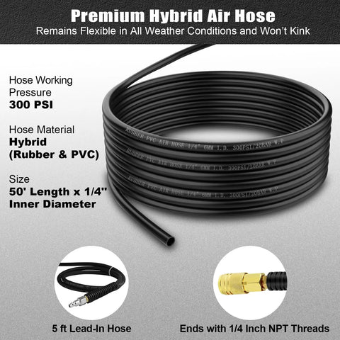 Retractable Air Hose Reel With One Quarter Inch By Fifty Feet Hybrid Polymer Hose, Auto Rewind, Wall Mount, All Weather Tough And Kink Resistant, Handles Up To 300 PSI, Dark Gray And Red, coiled with specifications