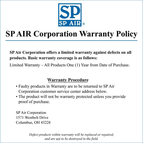 SP AIR Corporation Warranty Policy document detailing warranty coverage and procedure.