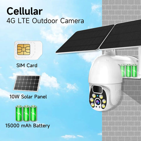 Outdoor 4G LTE Solar Security Camera With 1080P Spotlight Color Night Vision, PTZ Control next to solar panel and batteries.