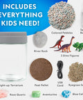 Light Up Dino Terrarium Science Kit For Kids With Multicolor LED Light And Eight Settings, Build A Colorful Mini Dino World, Decorate With Figurines, Rocks, And Stickers, Plant Seeds, Watch It Grow And Glow. Includes light-up terrarium, pebbles, spray bottle.