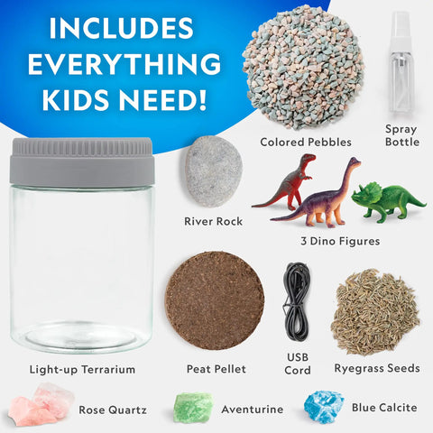 Light Up Dino Terrarium Science Kit For Kids With Multicolor LED Light And Eight Settings, Build A Colorful Mini Dino World, Decorate With Figurines, Rocks, And Stickers, Plant Seeds, Watch It Grow And Glow. Includes light-up terrarium, pebbles, spray bottle.