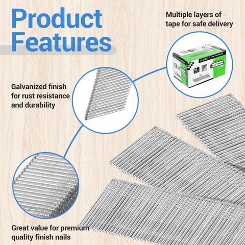 Image showing 16 Gauge Angled Finish Nails Two And A Half Inches 20 Degree Galvanized with packaging and highlighted features.