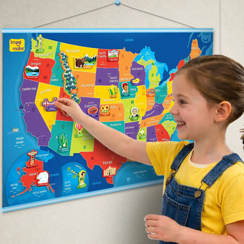 Child interacting with USA Map With Reusable Stickers Wall Chart For Kids, 100 Plus Jelly Stickers, Fun Geography Games And Learning Toy