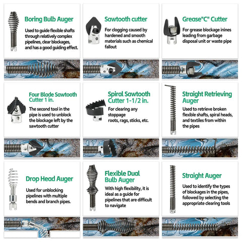 Ten Piece Pipe Fighter Drain Cleaning Kit Featuring Battle Ready Cutters And Heavy Duty Augers, various auger and cutter types shown