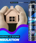 Hands holding a wooden house model beside Heavy Duty Spray Foam Insulation With Rapid Hardening Expanding Sealant 12 Pack Of 26.46 Oz Cans.