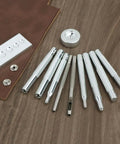 All In One Craft Tool Die Punch Snap Kit Rivet Setter With Base for DIY Projects, solid metal construction tools on wooden surface.