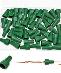 Winged Ground Wire Connector Nuts With Hole, Spring Loaded Wire Nuts For Safe Electrical Connections, High Current Carrying Capacity, Built Tough, No Fuss Install, 50 Pack in green plastic material shown in box and individual view