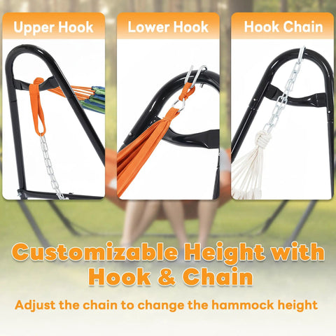 Heavy Duty Double Hammock Stand With 450 Pound Capacity Fits 9.5 To 14 Feet Hammocks Includes Chains And Hardware Carrying Case Built From 1.5 Inch Tubular Steel For Outdoor Garden Backyard Patio Pool Beach showing adjustable hook and chain system for customizable height