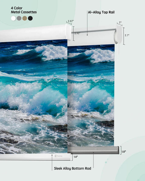 Level Up Your Home With These Dope Custom Photo Printed Motorized Blinds featuring ocean graphic, aluminum alloy top rail and bottom rod.