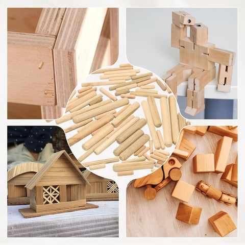 Top Shelf Hardwood Dowel Pins 3/16 Inch By 13/16 Inch Straight Wood Rods 60 Pack displayed among DIY wooden projects.