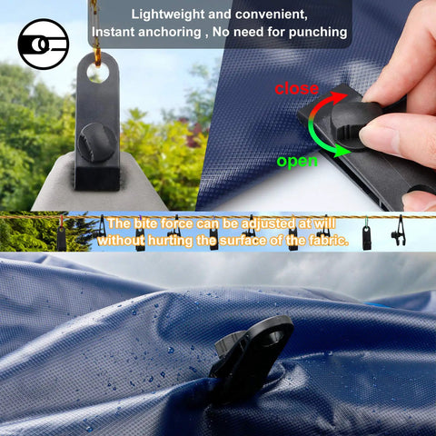 Heavy Duty Tarp Clips With Lock Grip Built Tough For Outdoor Use Rugged Plastic Clamps For Tents Linoleum Canvas And Garden Projects Reusable 10 Pack Now showing adjustable grip and tarpaulin.