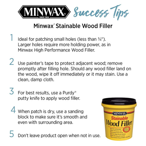 Tips for using Minwax Stainable Wood Filler 6 Oz For Cracks And Gouges Paintable Latex Wood Filler That Accepts Oil And Water Based Stains