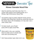 Minwax Stainable Wood Filler with success tips for fixing cracks and dings, 16 oz paintable latex formula on display.