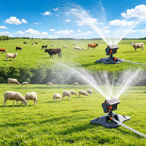 Adjustable Oscillating Sprinkler with Wide Coverage and Timer 16 Nozzles watering a large green pasture with animals