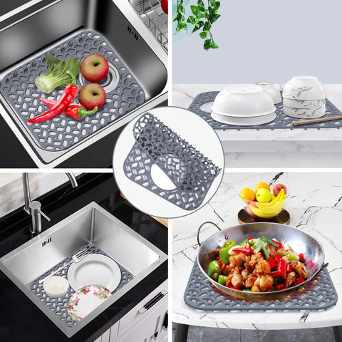 Two Pack Silicone Sink Protector Mats For Kitchen Sinks No Slip Scratch Resistant Grid Mats For Rear Drain Gray 13.58 X 11.6 Inches