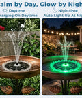 Six Point Three Inch Solar Bird Bath Fountain With Battery And Color Changing Led Lights For Bird Baths Ponds And Backyards Includes Five Nozzles And Anti Floating Poles For Stable Setup And Dope Nighttime Water Shows in daytime and nighttime settings