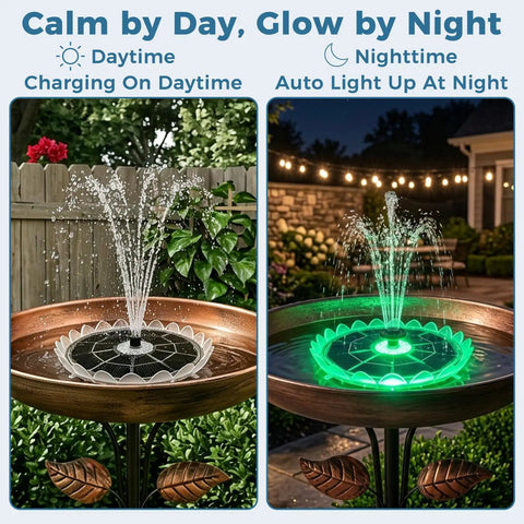 Six Point Three Inch Solar Bird Bath Fountain With Battery And Color Changing Led Lights For Bird Baths Ponds And Backyards Includes Five Nozzles And Anti Floating Poles For Stable Setup And Dope Nighttime Water Shows in daytime and nighttime settings