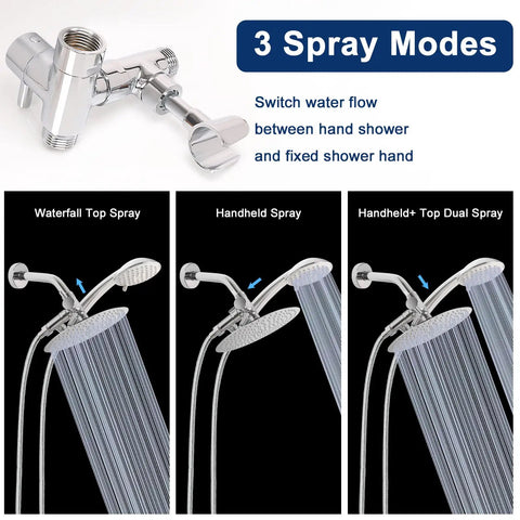 All Metal Shower Arm Diverter With Handheld Mount 3 Way G1 2 Valve For Handheld And Fixed Shower Heads, Chrome showing 3 spray modes