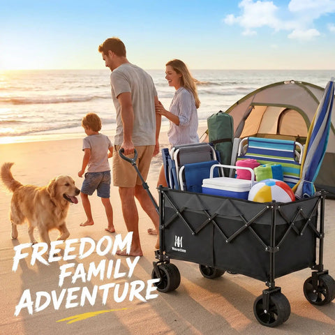 Family at beach with 330Lbs Collapsible Folding Wagon With All Terrain Wide Wheels Front One Touch Brakes Heavy Duty Cart