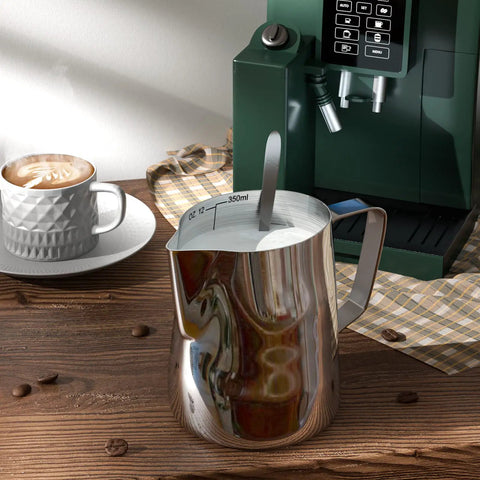 12 Oz Milk Frothing Pitcher Cup For Home Baristas, 350ml Stainless Steel Steaming Pitcher With Mirror Finish on a wooden table