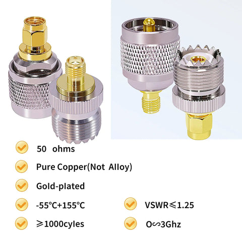 UHF Antenna Adapter Kit For CB Radios And Ham Gear, 50 Ohm Coaxial Connectors PL259 SO239, Brass Construction, visible adapters