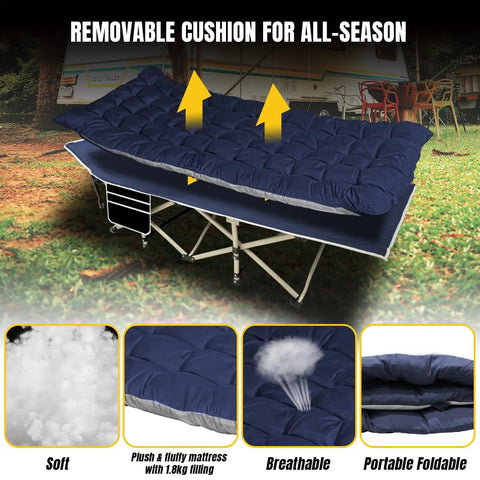 Heavy Duty Folding Camping Cot For Adults 600 Lb Max Load 28 Inch Wide With Removable Thick Mattress shown with cushion detail