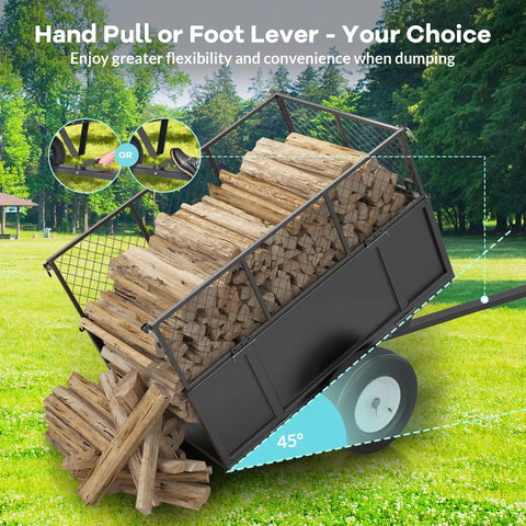 Heavy Duty Utility Trailer For ATV And UTV 750 Pound Capacity With Removable Sides And Pneumatic Tires shown dumping firewood