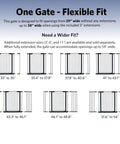 Heavy Duty Steel Dog Gate With Walk Through Door Expands 29 To 38 Inches Wide, flexible fit sizes shown for openings.