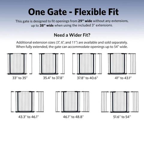 Heavy Duty Steel Dog Gate With Walk Through Door Expands 29 To 38 Inches Wide, flexible fit sizes shown for openings.