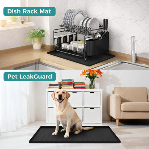 Kitchen with dish rack on 34 By 22 Inch Waterproof Silicone Mat For Under Sink Kitchen And Bathroom Protection Non Slip Multi Purpose Cabinet Liner Pet Feeding Pad For Dogs And Cats Craft And Storage Mat Light Grey, and a dog sitting on a similar mat in living room.