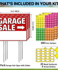 Triple Pack 17x13 Inch Garage Sale Signs With High Visibility Arrows Double Sided Weatherproof 4mm Corrugated Plastic Includes Stakes And 420 Pricing Stickers Built To Draw More Traffic To Your Yard Sale, kit contents