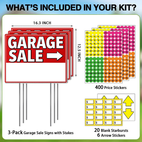 Triple Pack 17x13 Inch Garage Sale Signs With High Visibility Arrows Double Sided Weatherproof 4mm Corrugated Plastic Includes Stakes And 420 Pricing Stickers Built To Draw More Traffic To Your Yard Sale, kit contents