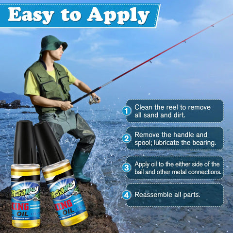 Image of a fisherman on a rocky shore with a fishing rod and two bottles of 2 Oz Fishing Reel Oil Lubricant Set for Freshwater and Saltwater Reels Keeps Your Gear Slick, Rust Free, and Running Smooth on Boats Motors Downriggers Winches Pulleys and Trailers (2 Pack)