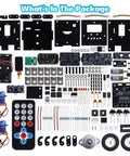 DIY Robot Kit Soldering Project For Teens And Adults With Time And Expressions Display Interactive Robot Car Soldering Practice Kit STEM Education For Back To School And Hands On Experiments parts set with wheels, motors, boards, remote, and sensors