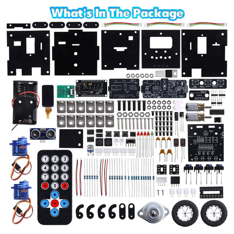 DIY Robot Kit Soldering Project For Teens And Adults With Time And Expressions Display Interactive Robot Car Soldering Practice Kit STEM Education For Back To School And Hands On Experiments parts set with wheels, motors, boards, remote, and sensors