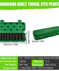 Built Tough Ten Piece Half Inch Drive Impact Socket Set Metric Deep Well Six Point Chrome Vanadium Wrenches in green case.