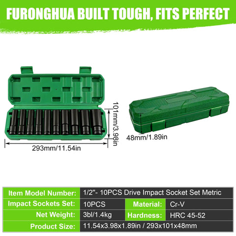 Built Tough Ten Piece Half Inch Drive Impact Socket Set Metric Deep Well Six Point Chrome Vanadium Wrenches in green case.