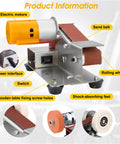 Mini Belt Sander For Knife Making With 15 Degree Angle, electric motor, sand belt, and switch details visible