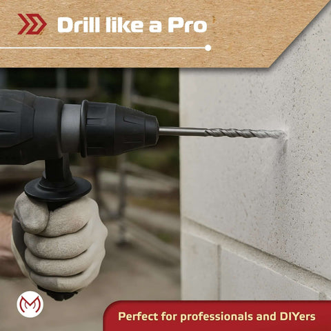 Side view of SDS Plus masonry drill bit, 3/16 in x 6 in, carbide-tipped, in drill drilling into concrete block