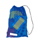 Premium Mesh Equipment Bag With Adjustable Drawstring Closure For Swim Gear Durable Royal Blue Tote With Inner Pocket For Keys And Personal Items Name Tag Space Great For Pool Or Beach Made In USA, showing bag with swim gear inside.