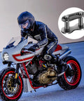 Motorcycle rider next to inset of Five Pack No. 41 Roller Chain Connecting Links Made From Master Manganese Steel.