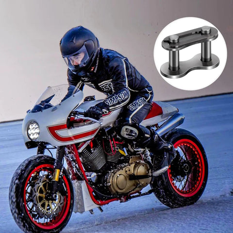 Motorcycle rider next to inset of Five Pack No. 41 Roller Chain Connecting Links Made From Master Manganese Steel.