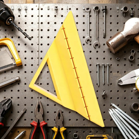 Pro Grade 45 Degree Tile Miter Tool with Precision Guide on tool bench with screws, pliers, and other hand tools.
