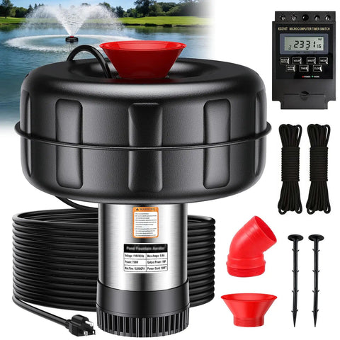 Floating Pond Fountain Aerator 1HP 15000 GPH With Timer And 100 Ft Power Cord Includes Two 100 Ft Traction Ropes