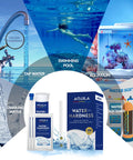Hard Water Test Strips Kit With 200 Strips And Sample Tube For At Home DIY Water Testing In Homes Pools And Spas Calcium And Magnesium Tester 0 To 425 Ppm With Easy Read Two Color Pad Indicators packaging with illustrations of water use in tap water, swimming pools, aquarium, and water softener.